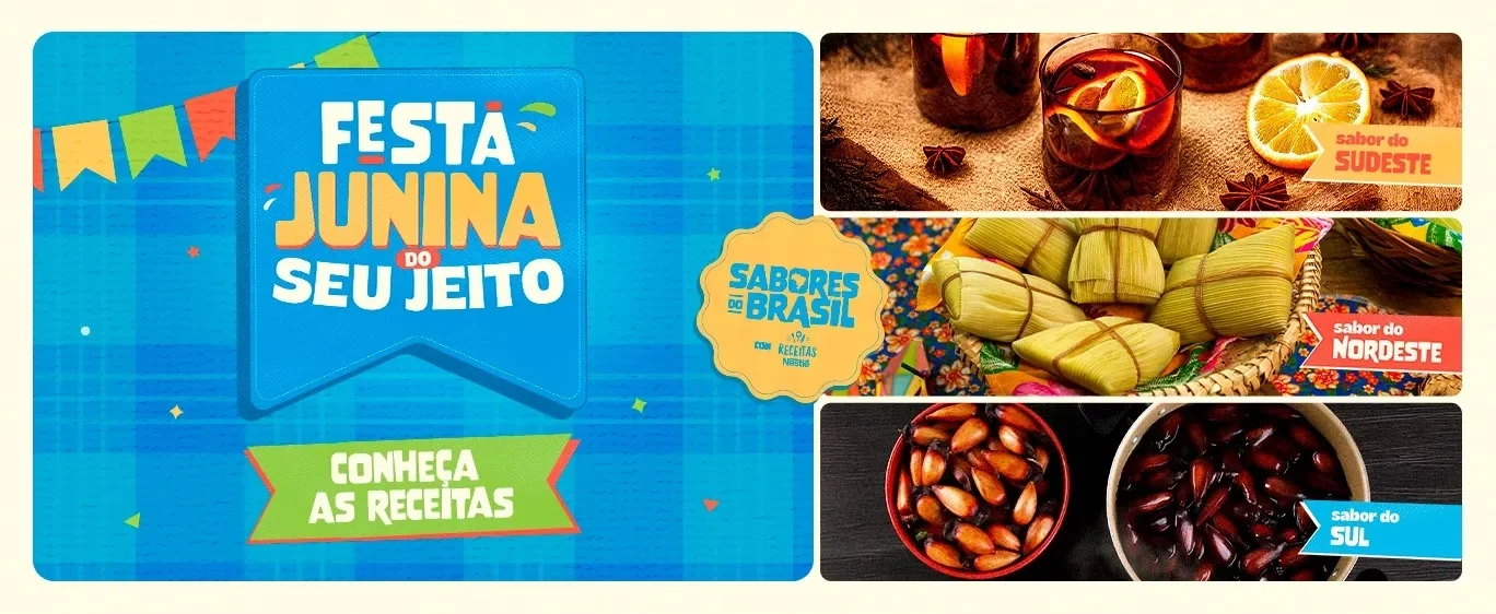 Banner com o tema “Festa Junina do seu jeito” e receitas típicas das regiões Sudeste, Nordeste e Sul.